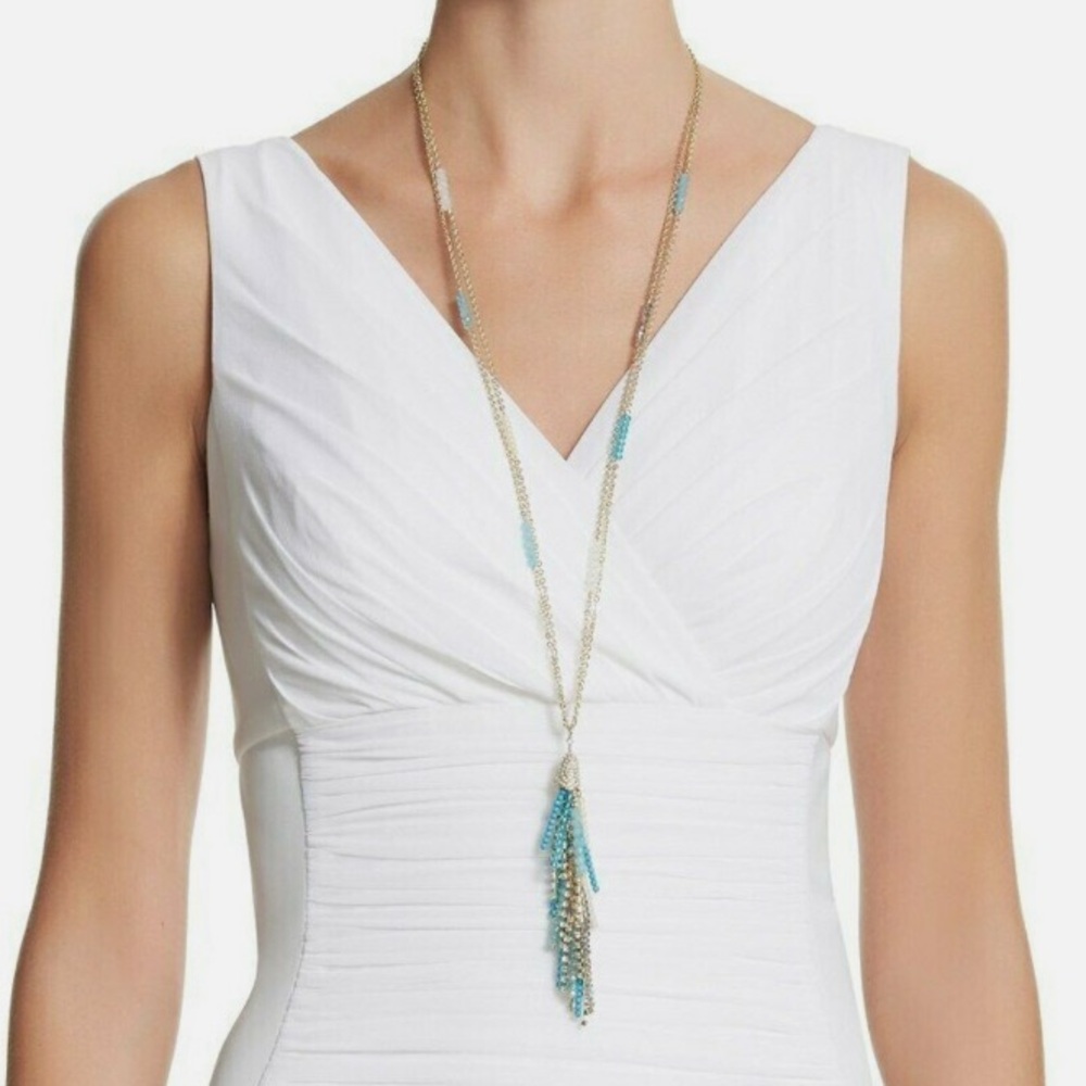 WHBM Cerulian Confetti Tassel necklace gold tone chain